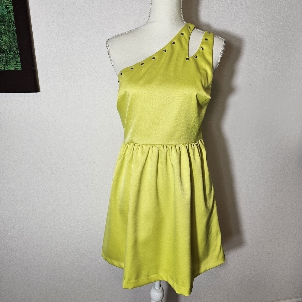 Eric & Lani Lime Green One Shoulder Studded Cocktail Dress Women's Size Large - Picture 9 of 9